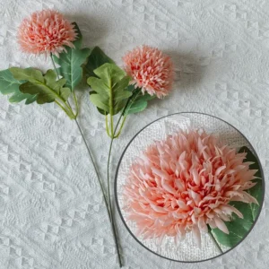 Deep pink artificial double-head pompon chrysanthemum stem with flower detail
