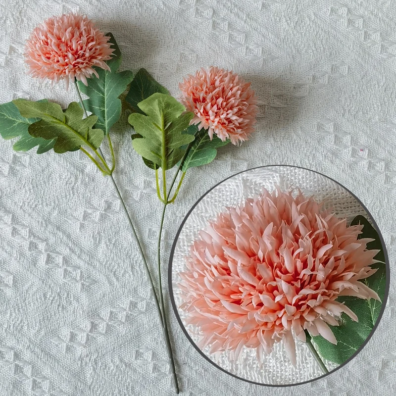 Deep pink artificial double-head pompon chrysanthemum stem with flower detail
