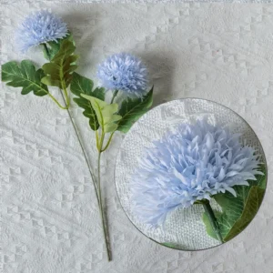 Light blue artificial double-head pompon chrysanthemum stem with flower detail
