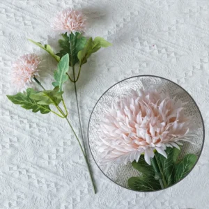 Light pink artificial double-head pompon chrysanthemum stem with flower detail