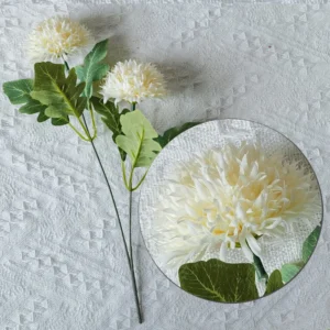 White artificial double-head pompon chrysanthemum stem with flower detail