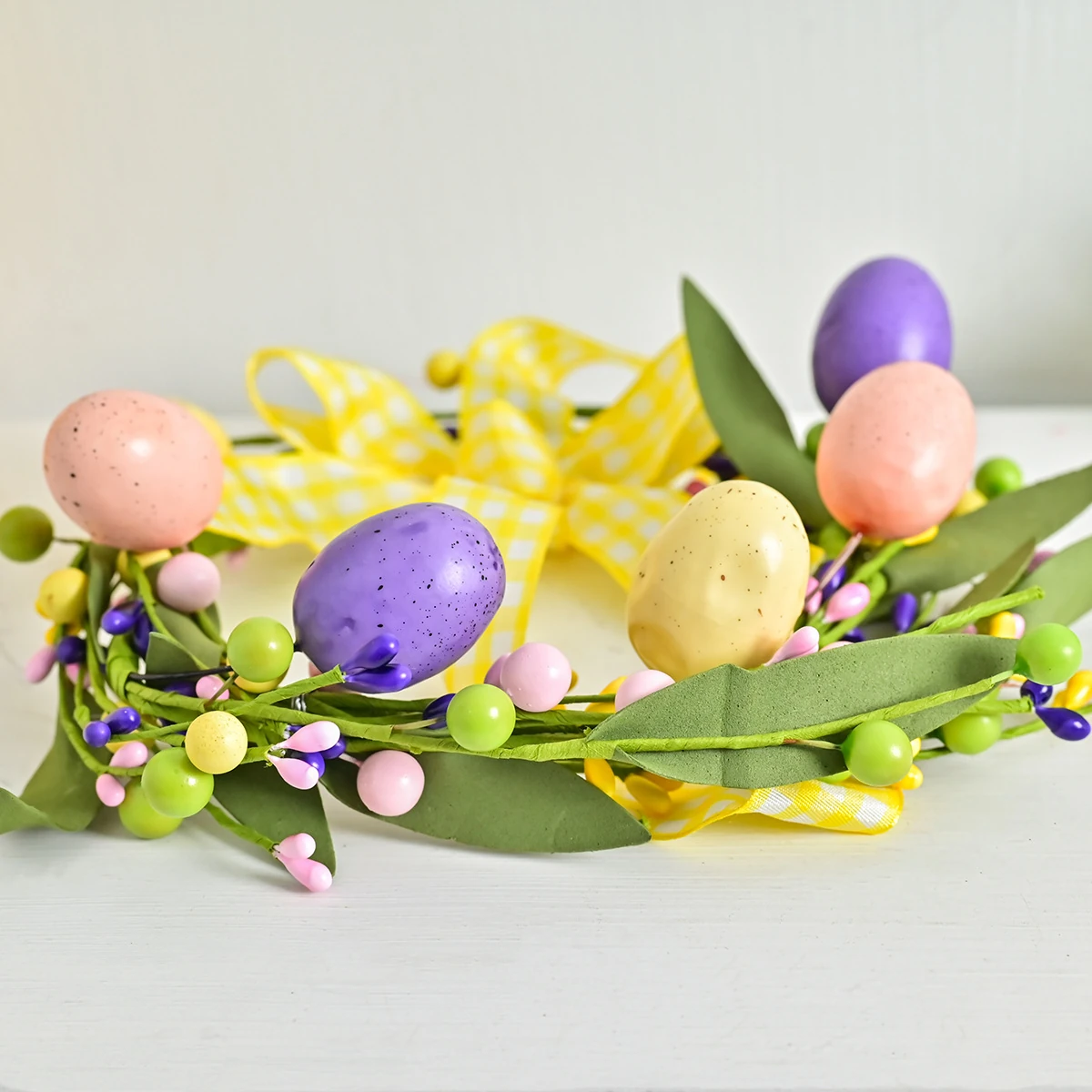 Close-up of detail artificial easter egg twig wreath