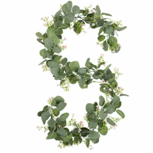 White and pink artificial eucalyptus garlands with baby's breath