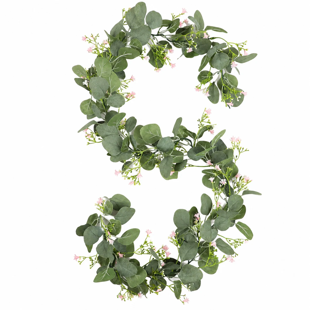 White and pink artificial eucalyptus garlands with baby's breath