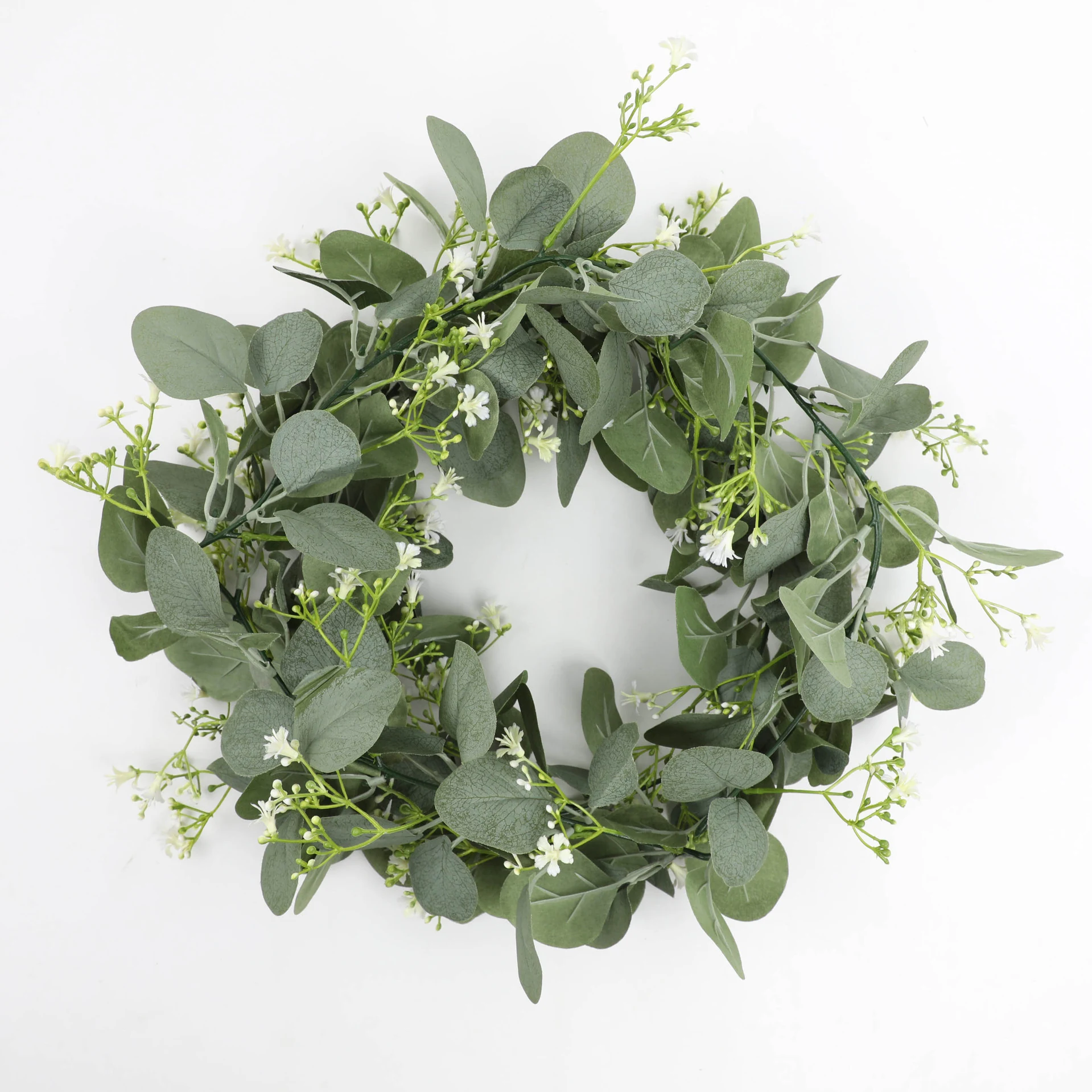 White artificial eucalyptus garland with baby's breath, 178 cm