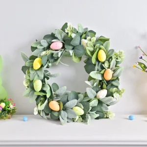 Artificial Eucalyptus Easter Egg Wreath shown in a decorative display