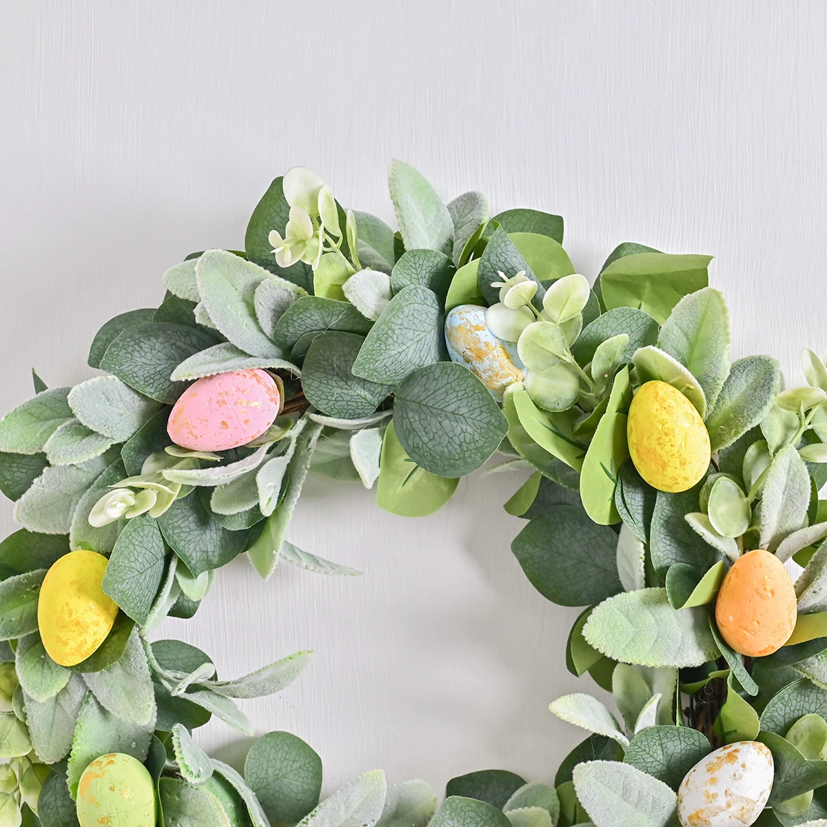 Close-up of detail artificial eucalyptus easter egg wreath