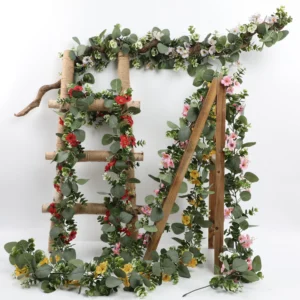 Available colors of artificial eucalyptus flower garlands displayed on wooden stands
