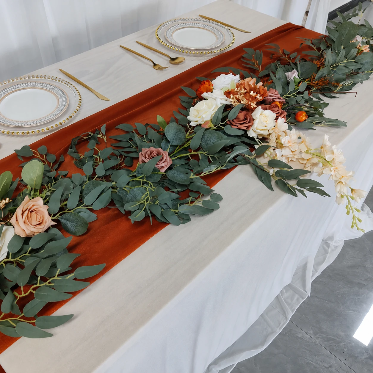 Artificial Eucalyptus Rose Wedding Garland Collection displayed for table runner