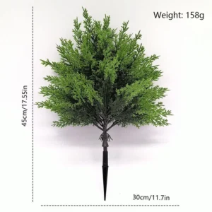 Size and weight diagram for rounded artificial evergreen bush, 45 cm high and 158 g