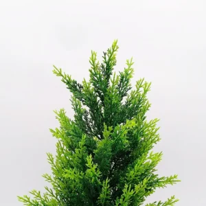 Foliage detail of upright artificial evergreen bush with two-tone green tips