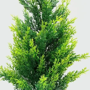 Close-up of upright artificial evergreen bush foliage texture