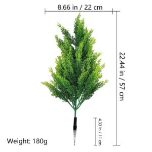 Size and weight diagram for upright artificial evergreen bush, 57 cm high and 180 g
