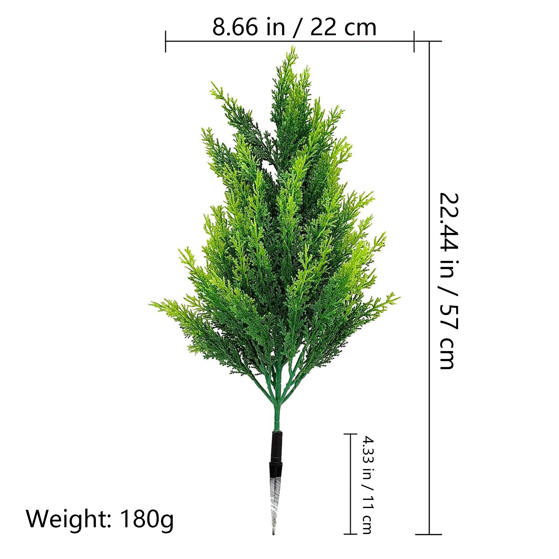 Size and weight diagram for upright artificial evergreen bush, 57 cm high and 180 g