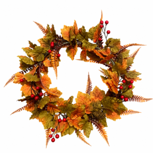 Artificial fall maple leaf wreath with red berries, pinecones and fern-style accents, 50 cm