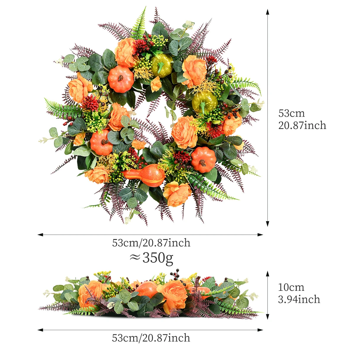 Size diagram for artificial fall pumpkin rose wreath, 53 cm