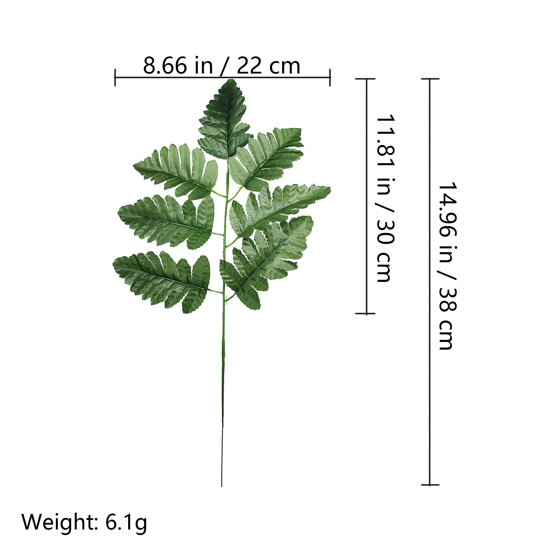 Specification diagram for dark green artificial Fern Leaf Stem