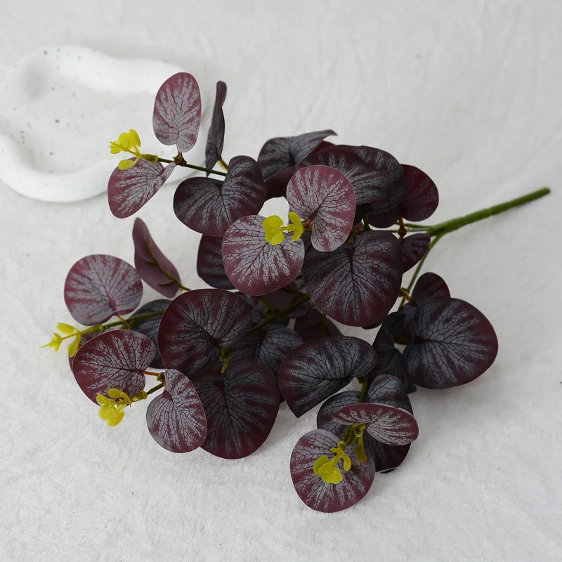 Burgundy artificial five-branch eucalyptus spray