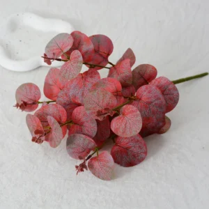 Red artificial five-branch eucalyptus spray
