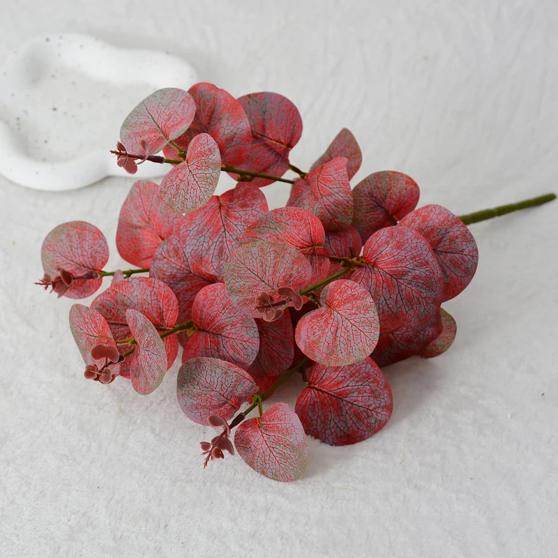 Red artificial five-branch eucalyptus spray