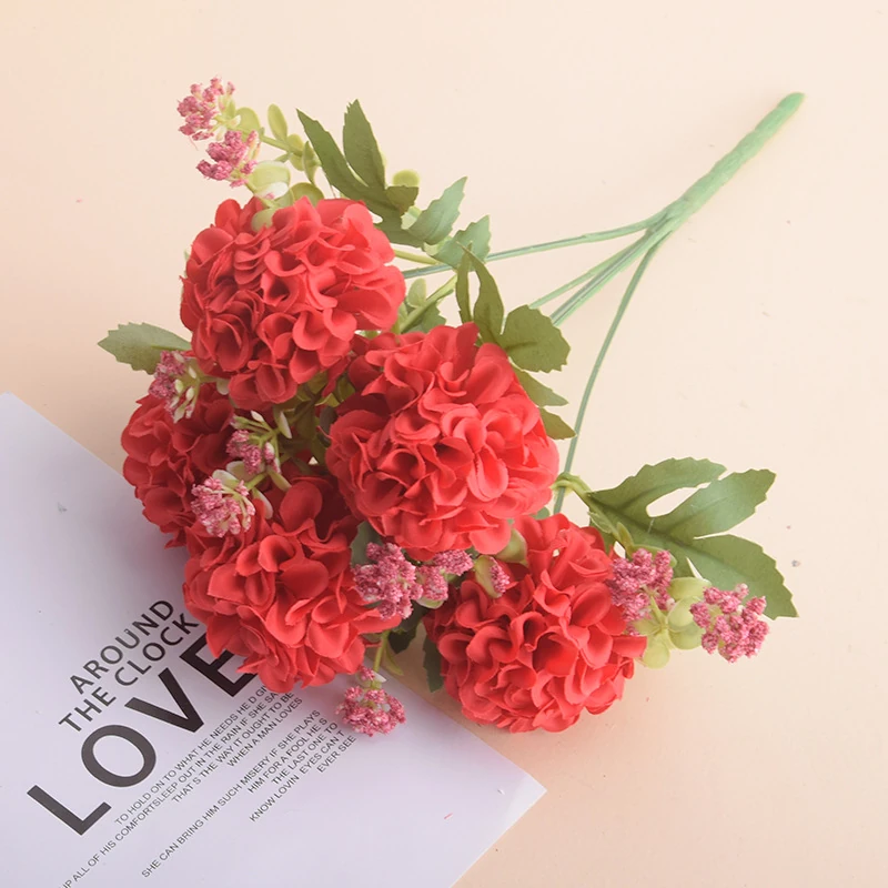 Red artificial Five-Head Hydrangea Bouquet, 30 cm