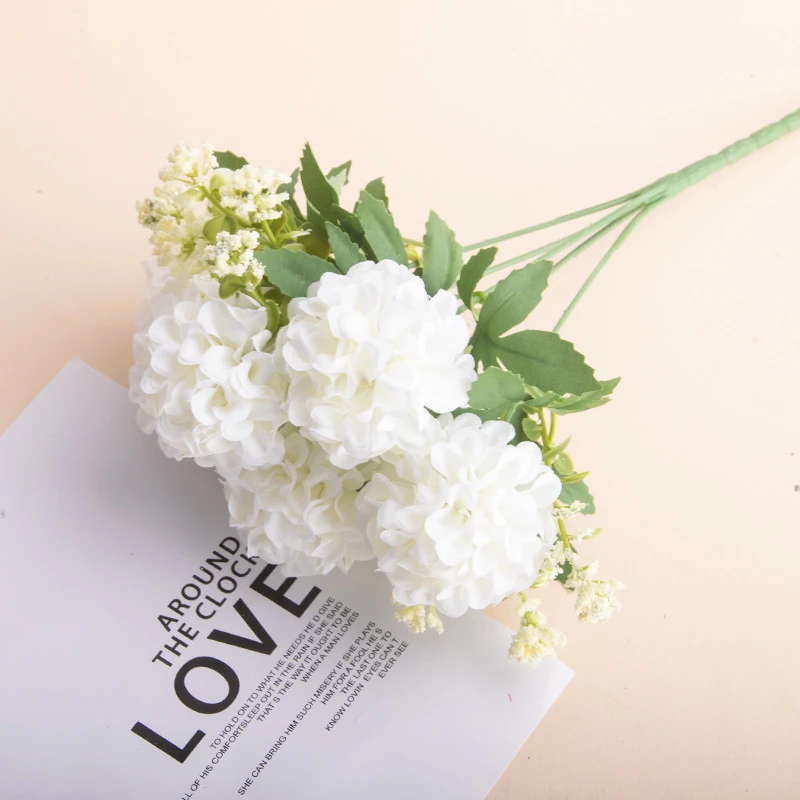 White artificial Five-Head Hydrangea Bouquet arranged for decorative display