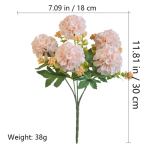 Specification diagram for white artificial Five-Head Hydrangea Bouquet