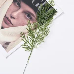 Artificial flat cedar foliage spray in a styled flat-lay scene