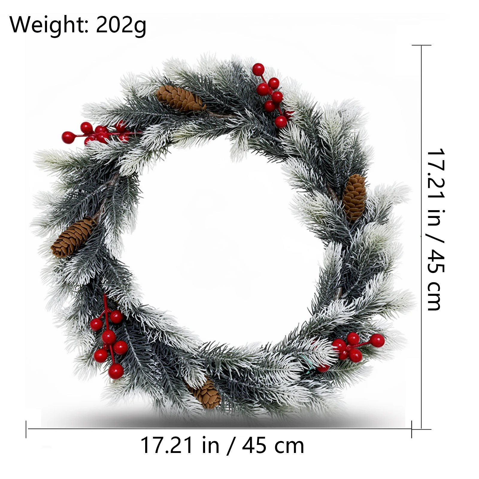Size and weight diagram for 45 cm artificial flocked fir berry wreath