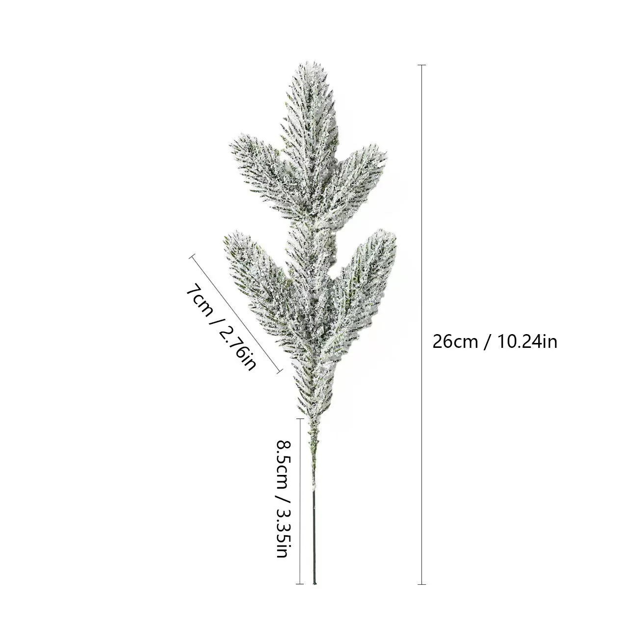 Size diagram for 26 cm artificial flocked snow pine pick