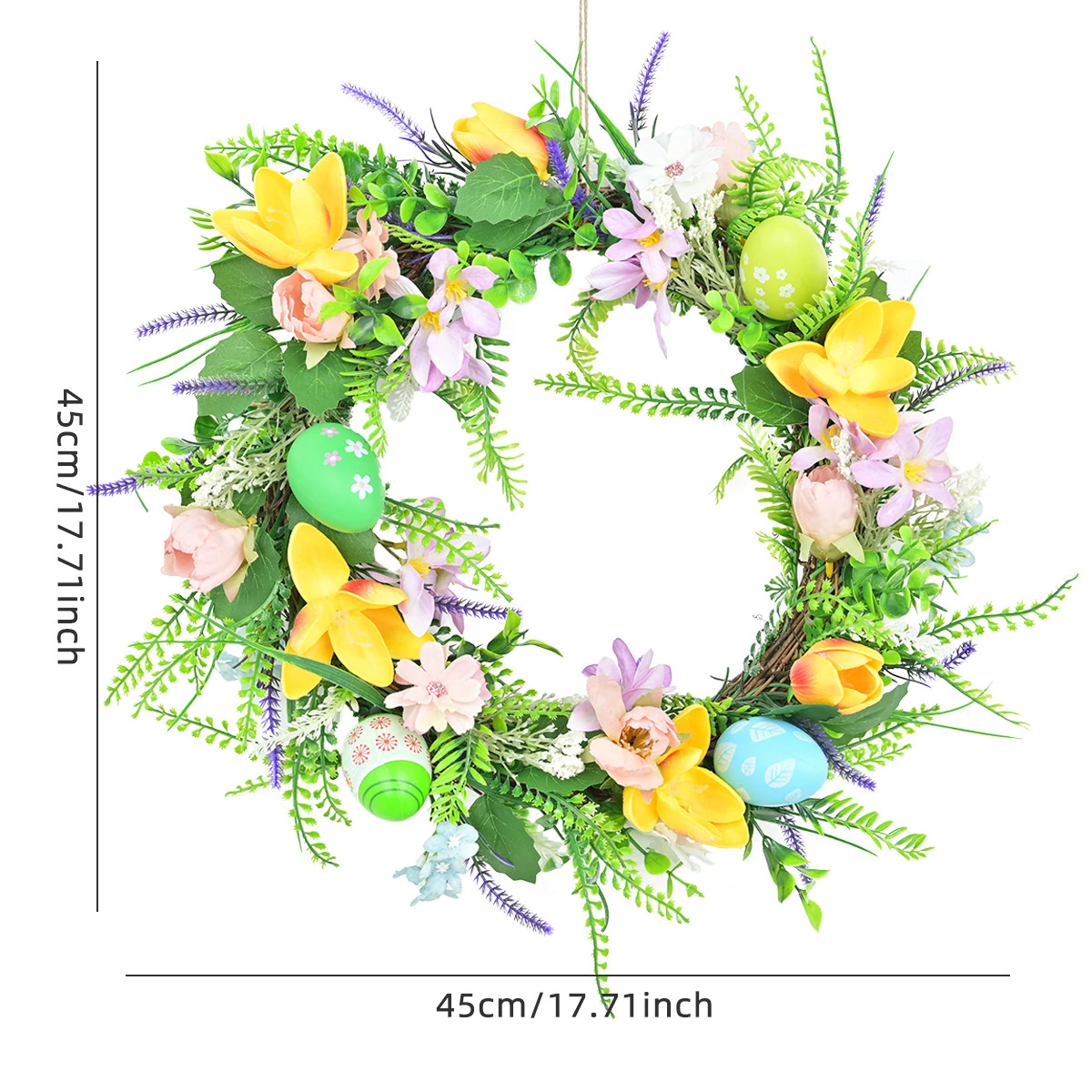 Size diagram for artificial floral easter egg wreath, 45 cm