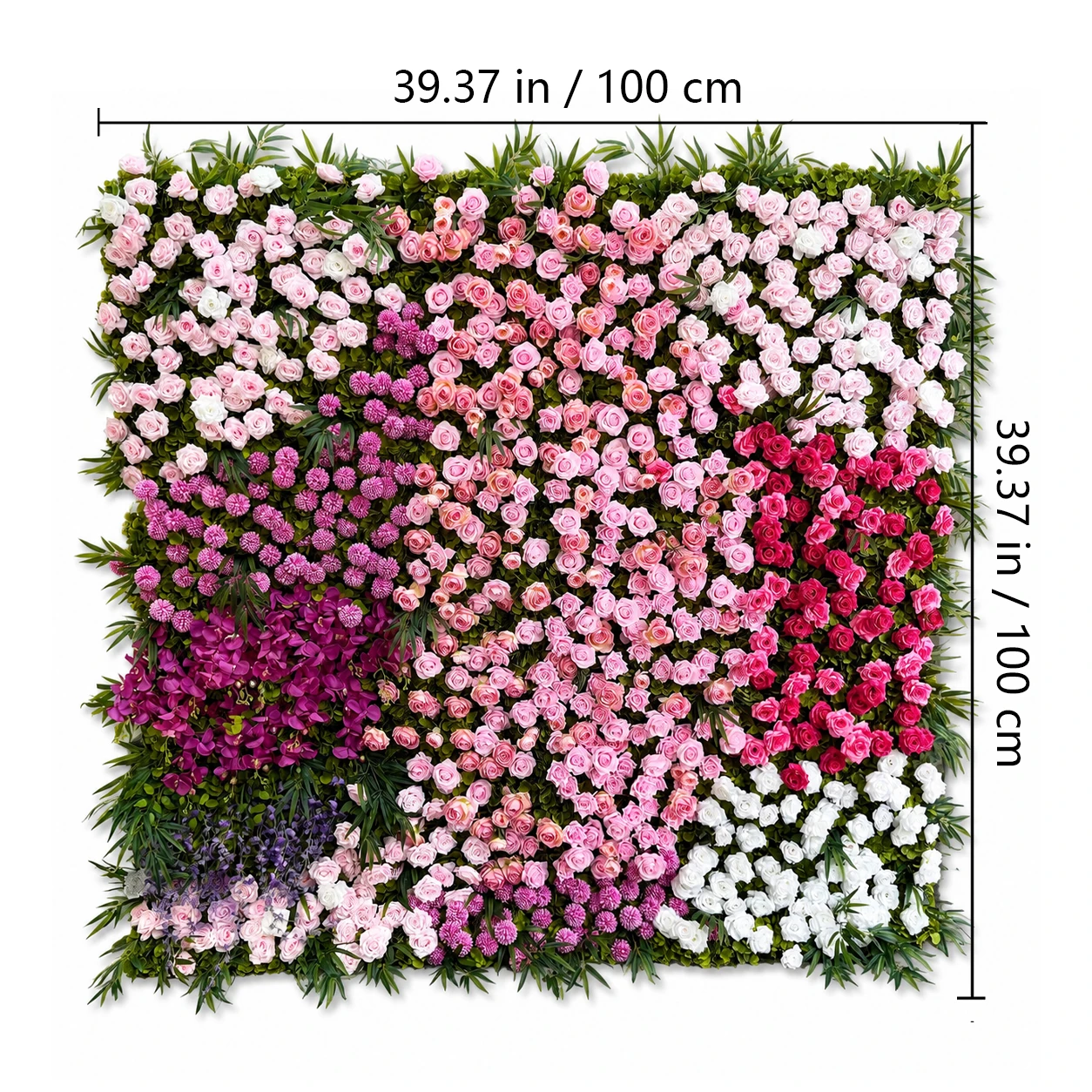 Size diagram for pink purple garden artificial flower wall panel collection