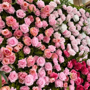 Close-up of pink rose artificial flower wall panel collection