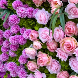 Close-up of purple rose artificial flower wall panel collection