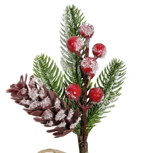 Close-up of frosted pinecone, pine foliage and red berries