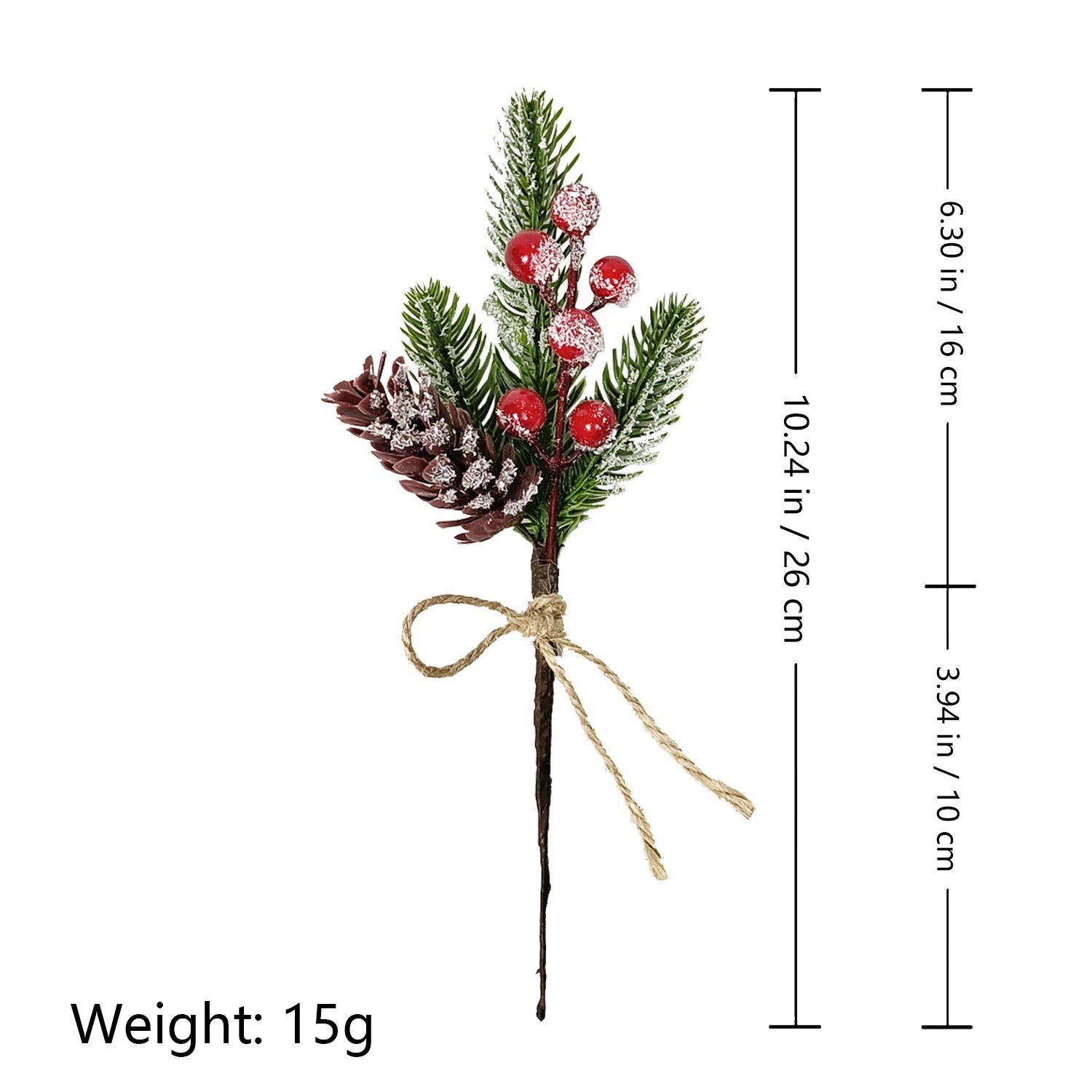 Size and weight diagram for 26 cm artificial frosted pinecone berry pick