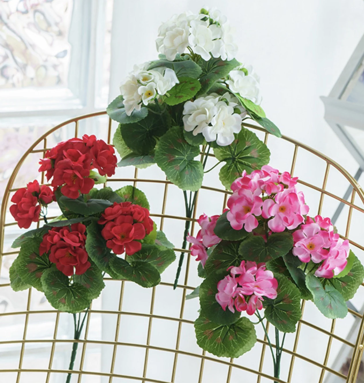 Pink, red and white artificial geranium flower bush color options