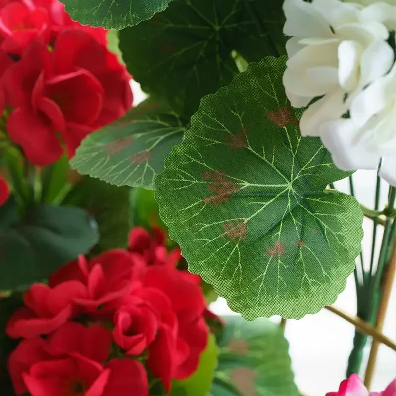 Close-up of broad veined leaves on artificial geranium flower bushes