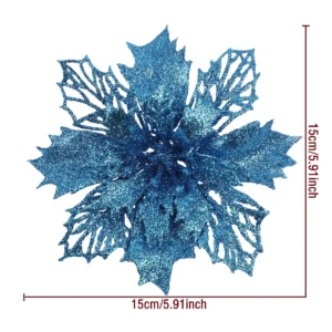 Specification diagram for blue artificial Glitter Holly Poinsettia Flower Head