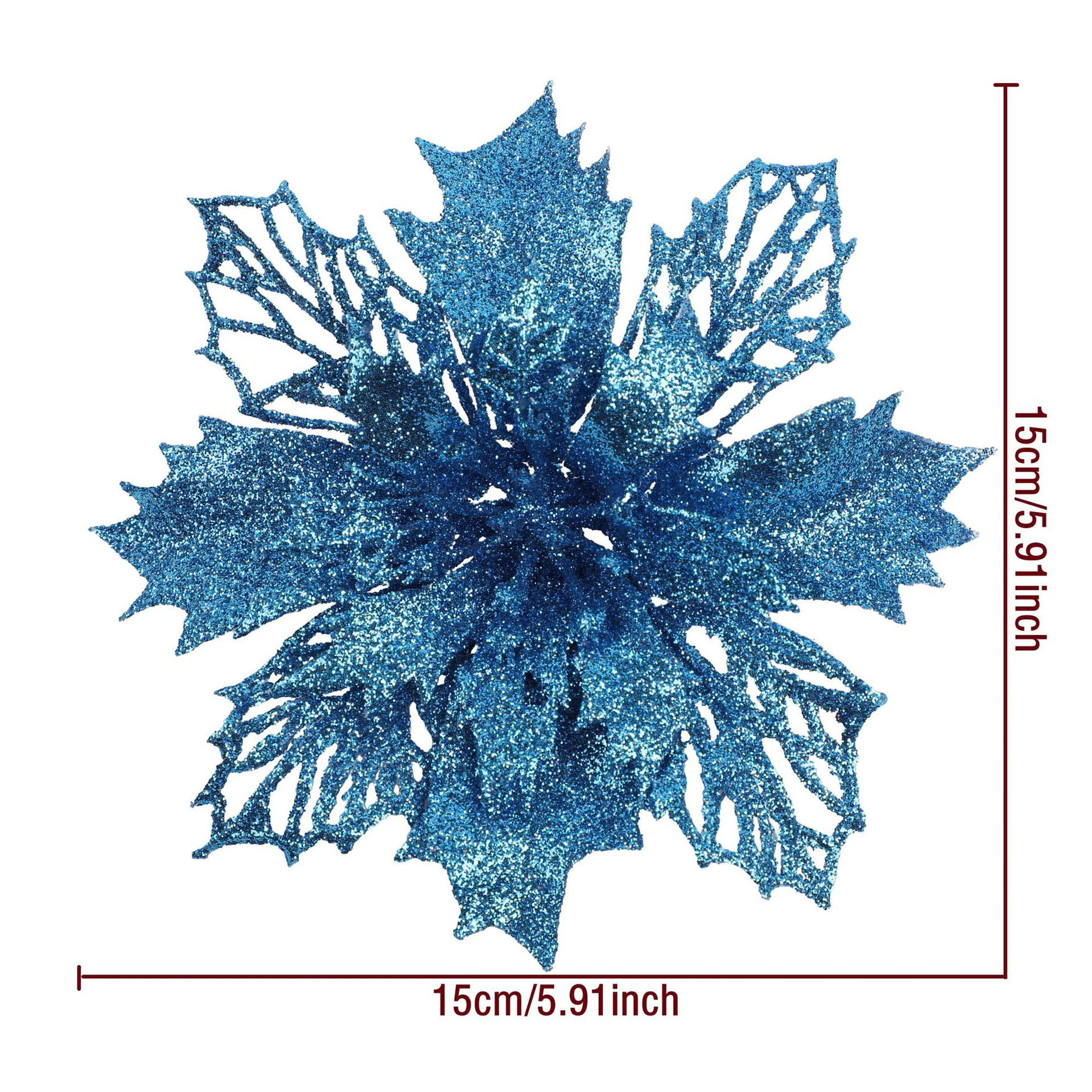 Specification diagram for blue artificial Glitter Holly Poinsettia Flower Head