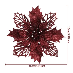 Specification diagram for burgundy artificial Glitter Holly Poinsettia Flower Head