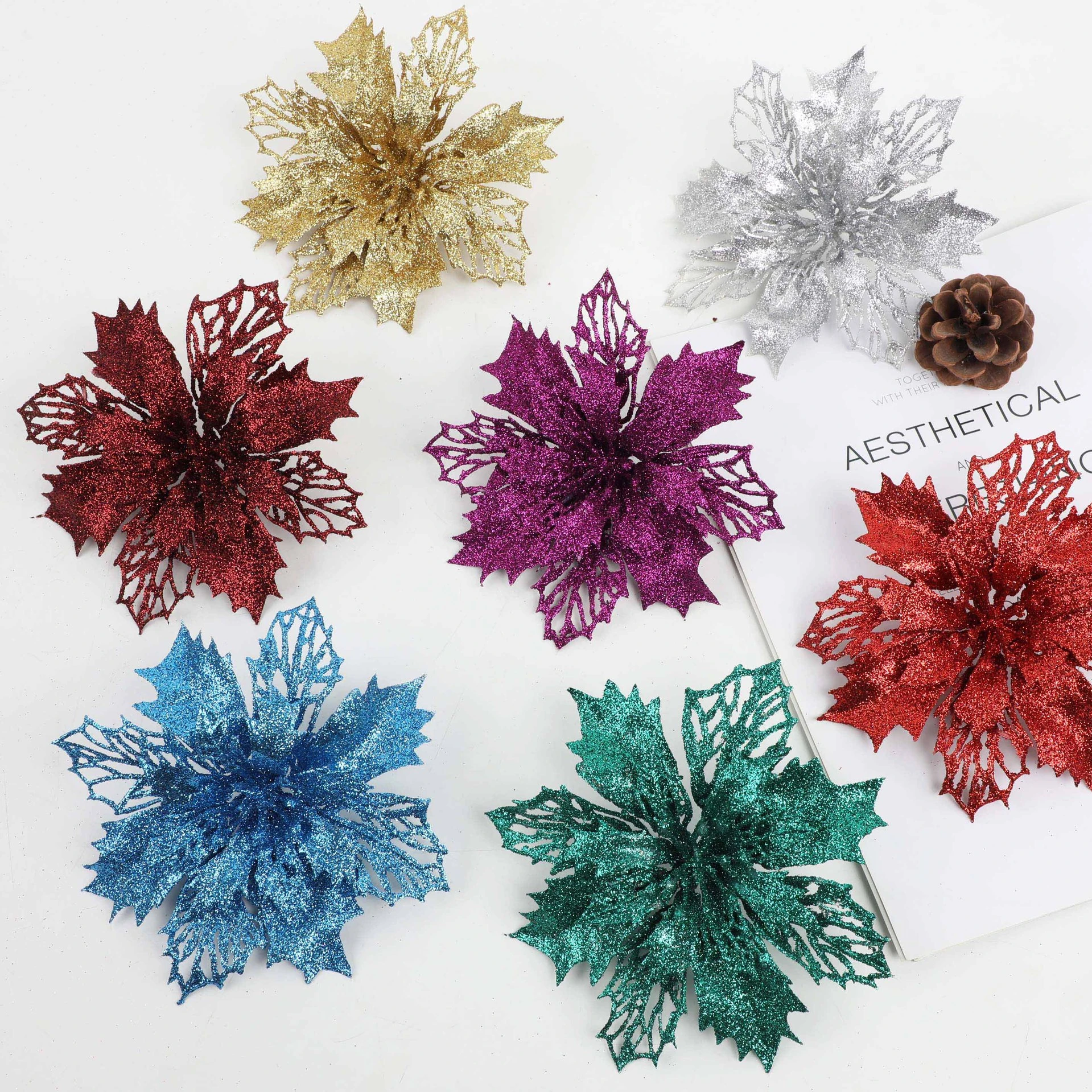 Available colors for artificial Glitter Holly Poinsettia Flower Head