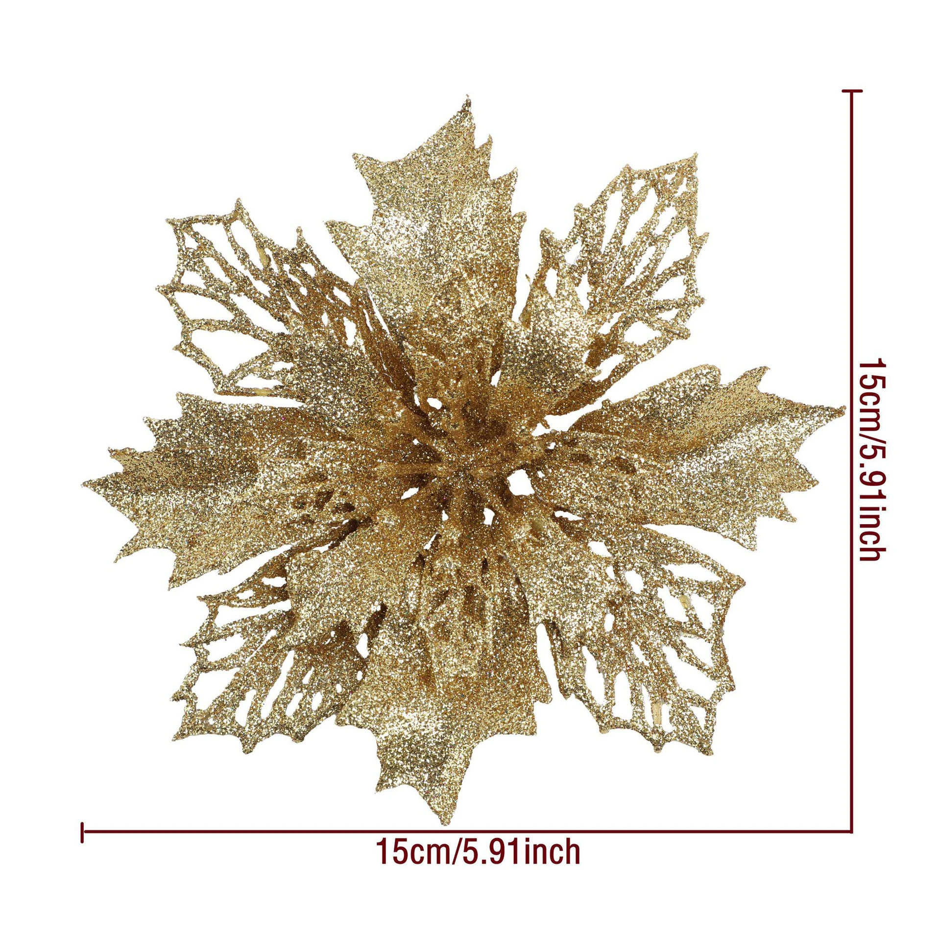 Specification diagram for gold artificial Glitter Holly Poinsettia Flower Head