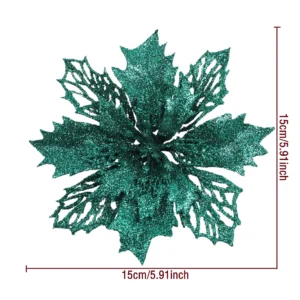 Specification diagram for green artificial Glitter Holly Poinsettia Flower Head