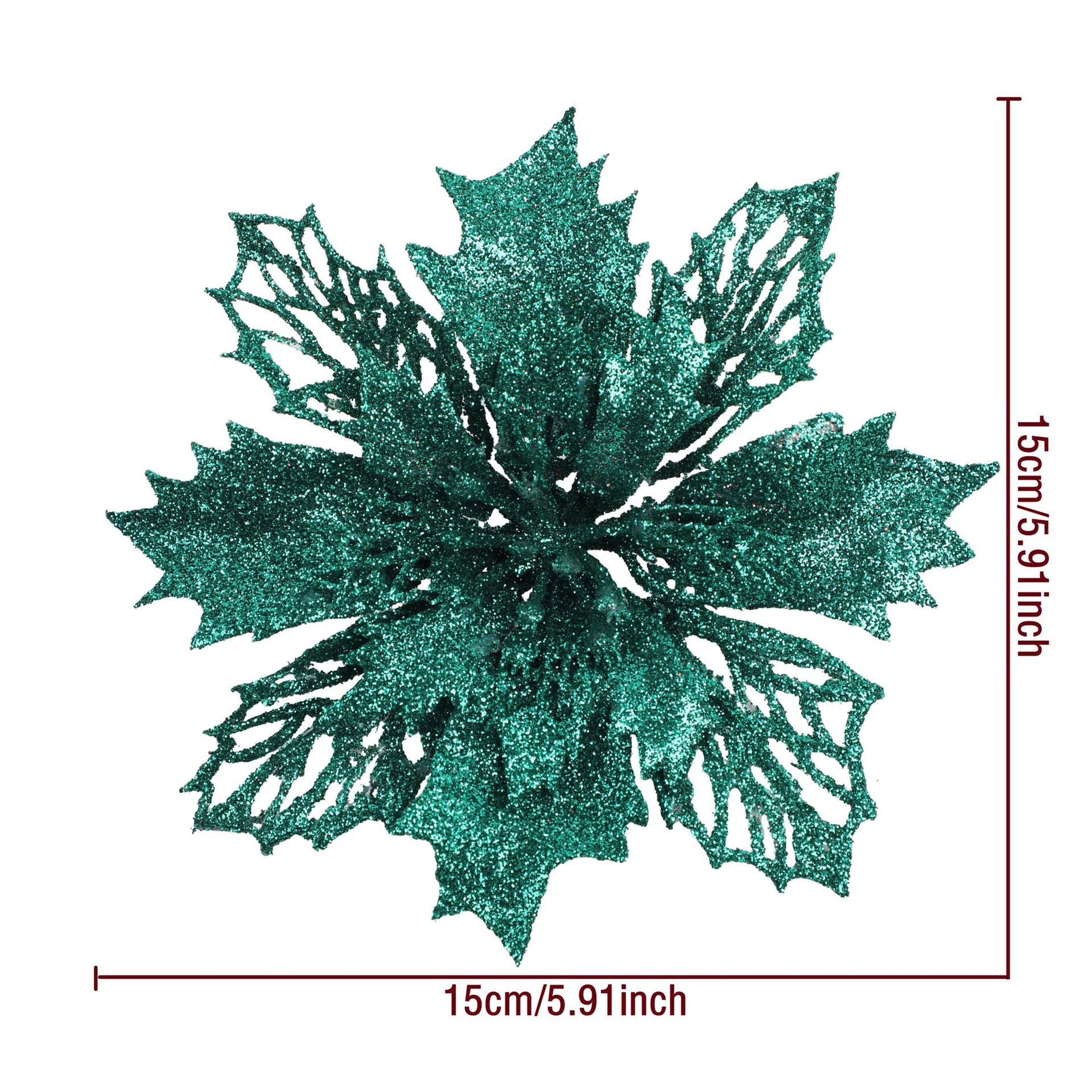 Specification diagram for green artificial Glitter Holly Poinsettia Flower Head