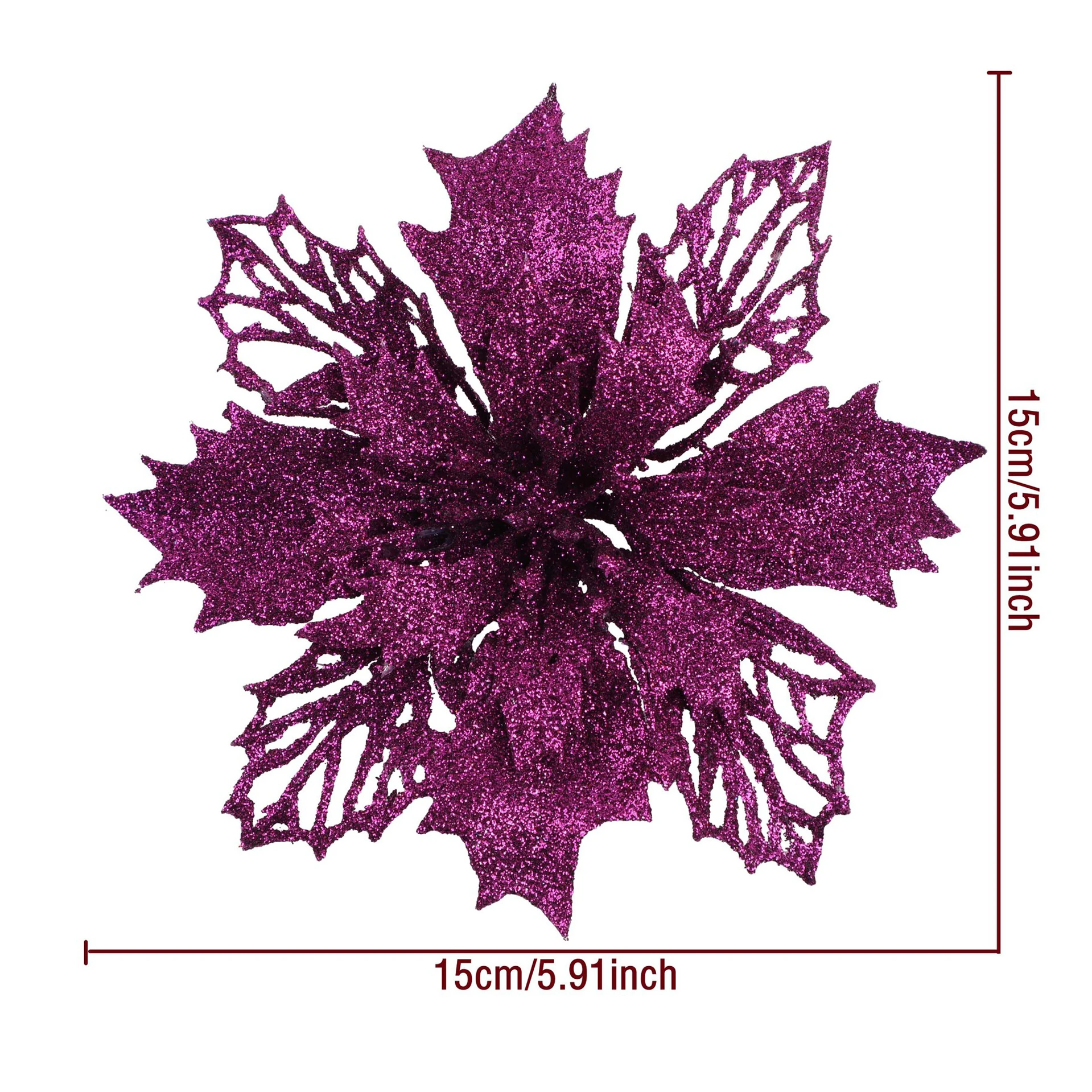 Specification diagram for purple artificial Glitter Holly Poinsettia Flower Head