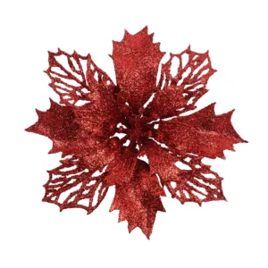 Red artificial Glitter Holly Poinsettia Flower Head, 15 cm