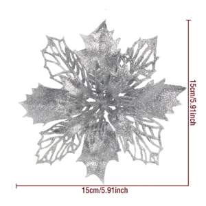 Specification diagram for silver artificial Glitter Holly Poinsettia Flower Head