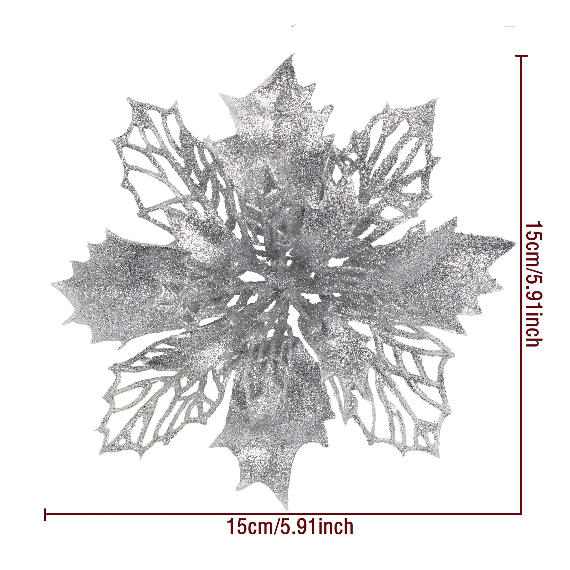 Specification diagram for silver artificial Glitter Holly Poinsettia Flower Head