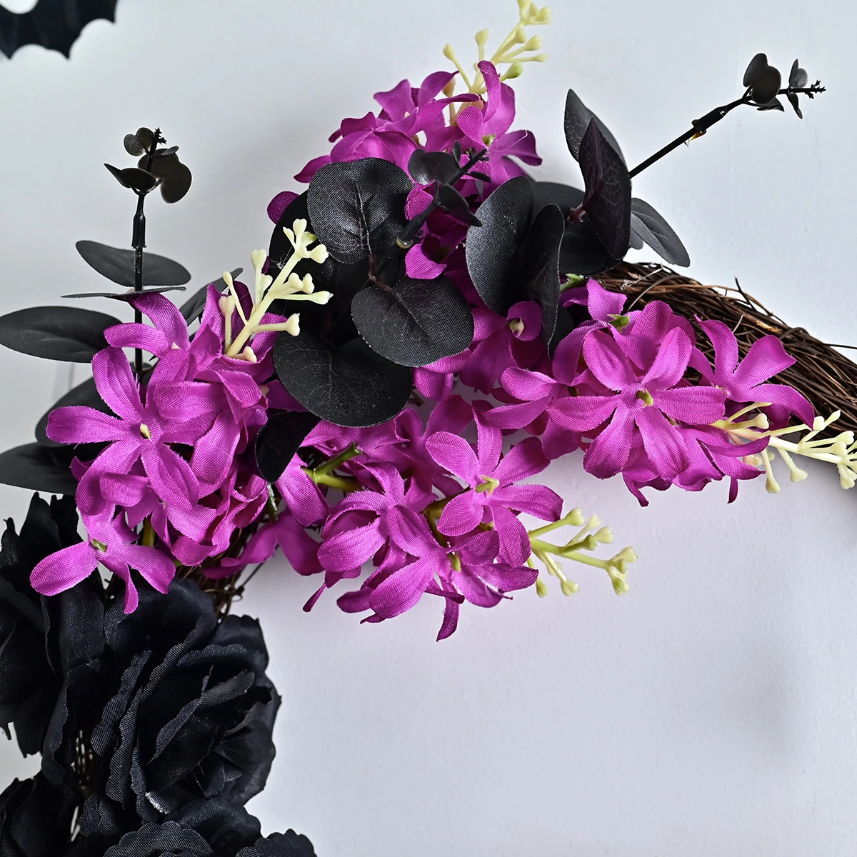 Close-up of flower artificial halloween bat flower wreath
